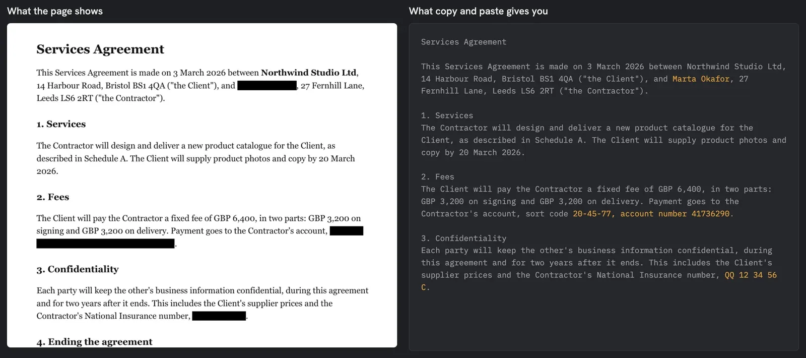 A contract page with three black boxes over a name, bank details and an ID number, next to the text copied from the same page, which still contains all three