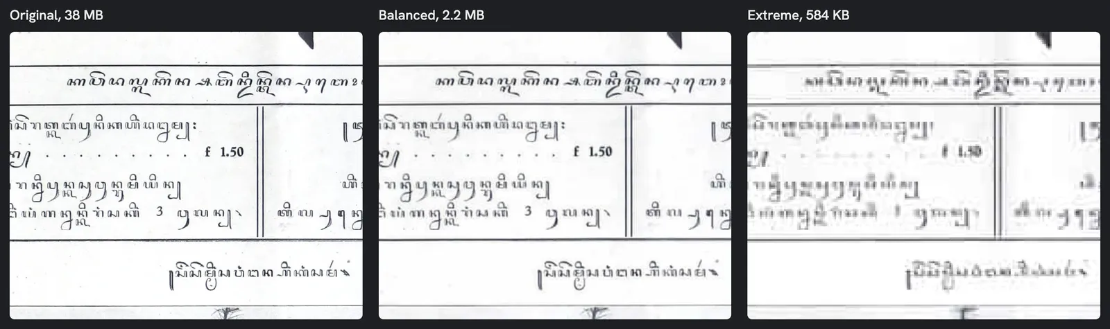 The same small print from a scanned magazine page at 100% zoom: the original at 38 MB, the Balanced copy at 2.2 MB looking the same, and the Extreme copy at 584 KB visibly blurred