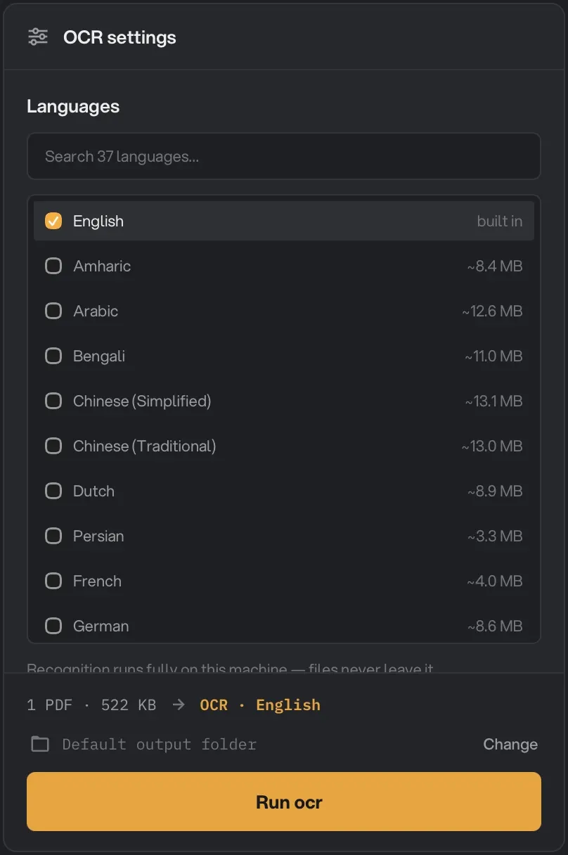 OCR PDF settings with English ticked under Languages, ready to run on one scanned PDF