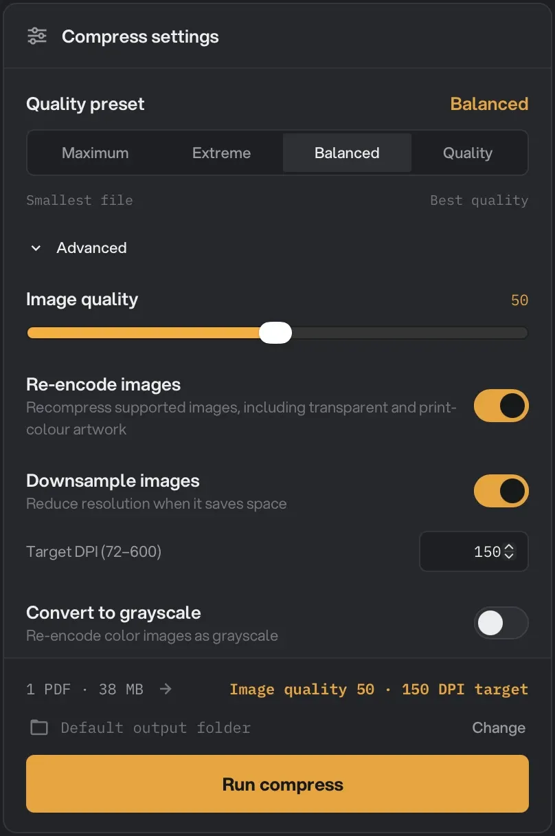 PDF Compress settings with the Balanced preset selected and Advanced open, showing Image quality 50, Downsample images on and Target DPI 150