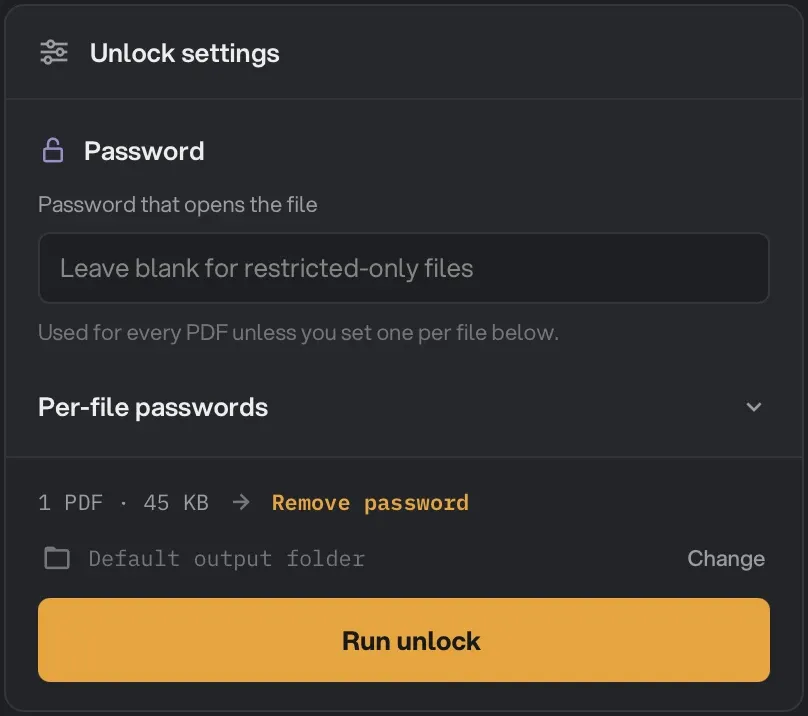 Unlock settings with the Password field left blank for a copy-locked file