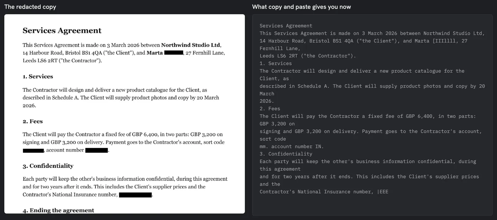 The redacted contract next to the text copied from it after OCR: where the surname, bank details and NI number were, the text has only stray characters read from the black bars