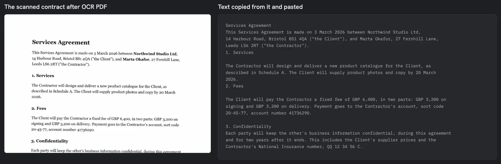The scanned contract after OCR PDF, next to the text copied from it, which matches the page word for word