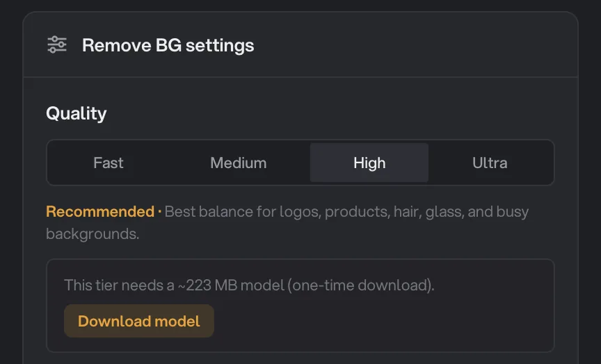 Remove BG settings with High quality selected, noting that this tier needs a ~223 MB model as a one-time download, with a Download model button
