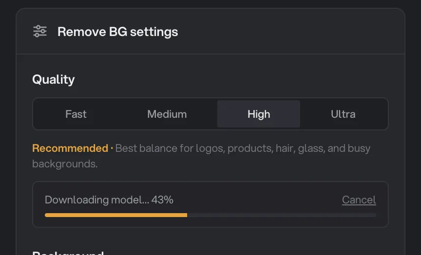 Remove BG settings showing the model downloading at 43 percent with a Cancel link