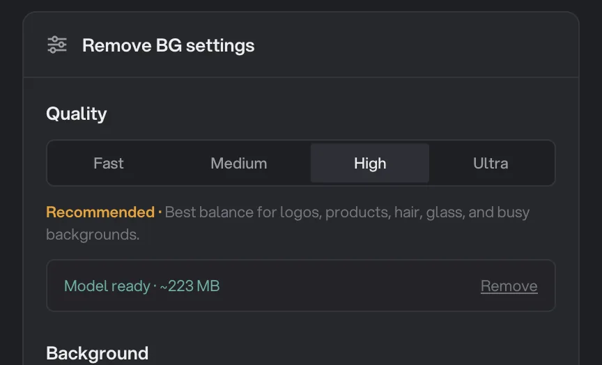 Remove BG settings reading Model ready, 223 MB, with a Remove link beside it