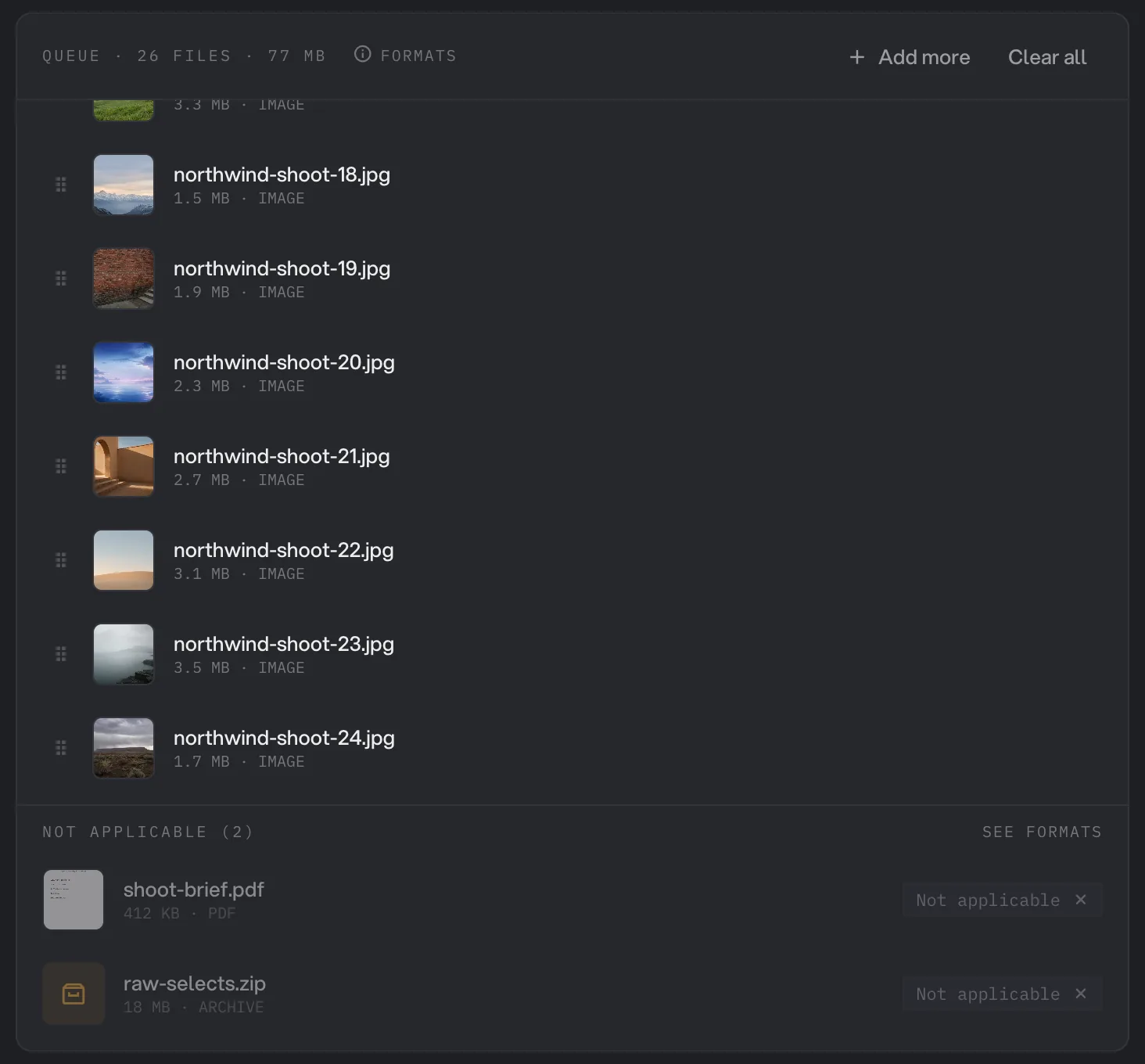 An Image Compress queue holding 26 files totaling 77 MB, with a PDF and a ZIP grouped under Not applicable at the bottom