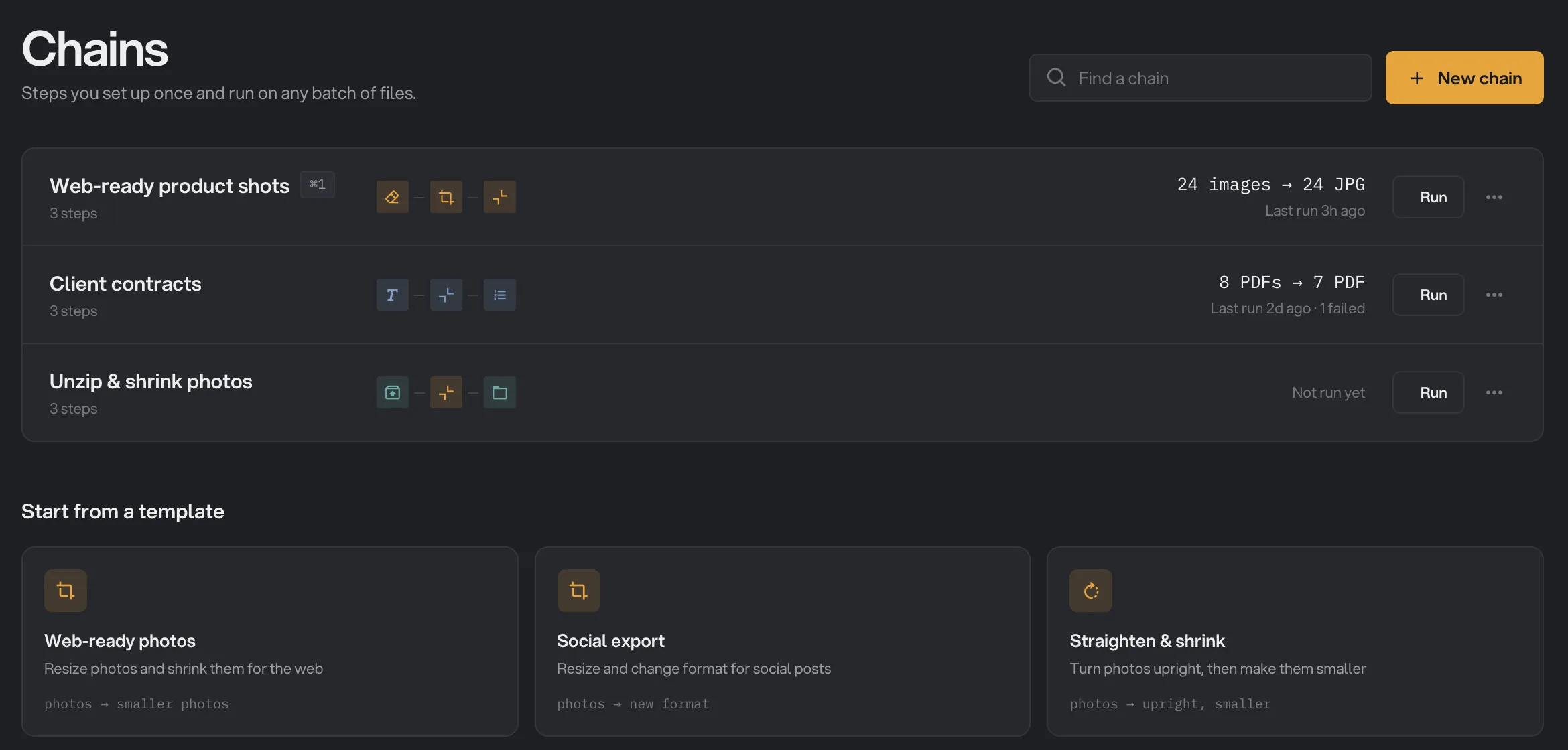 The Chains page listing three chains with their steps and last run, and the Start from a template row underneath
