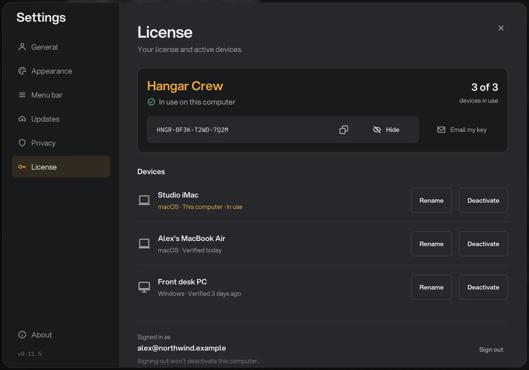 The License section with the full key HNGR-8F3K-T2WD-7Q2M revealed, a copy button, a Hide button and Email my key
