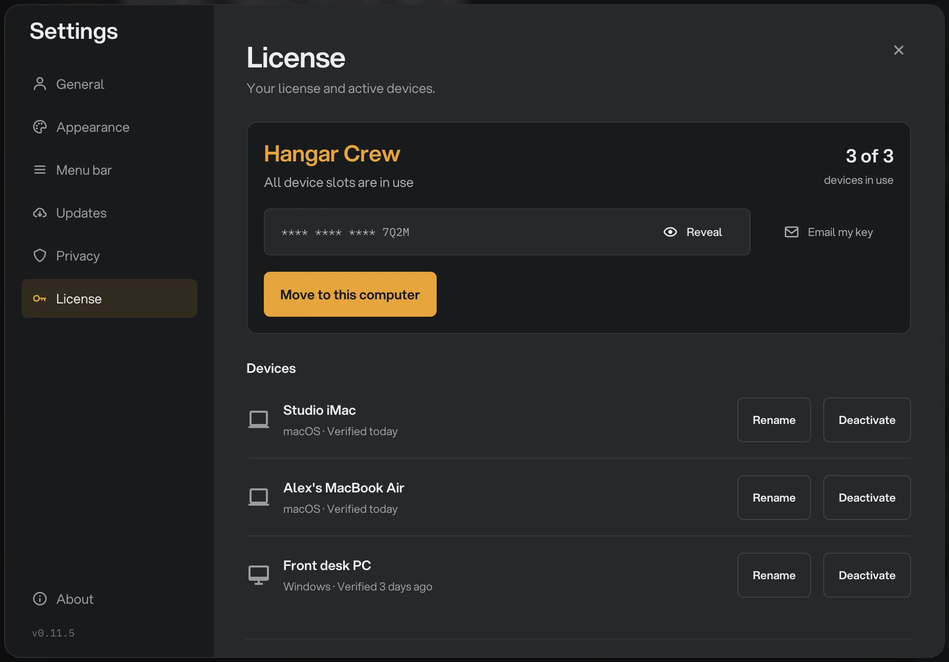 Settings → License on a new computer: Hangar Crew with All device slots are in use, 3 of 3 devices, and an amber Move to this computer button above the three active computers