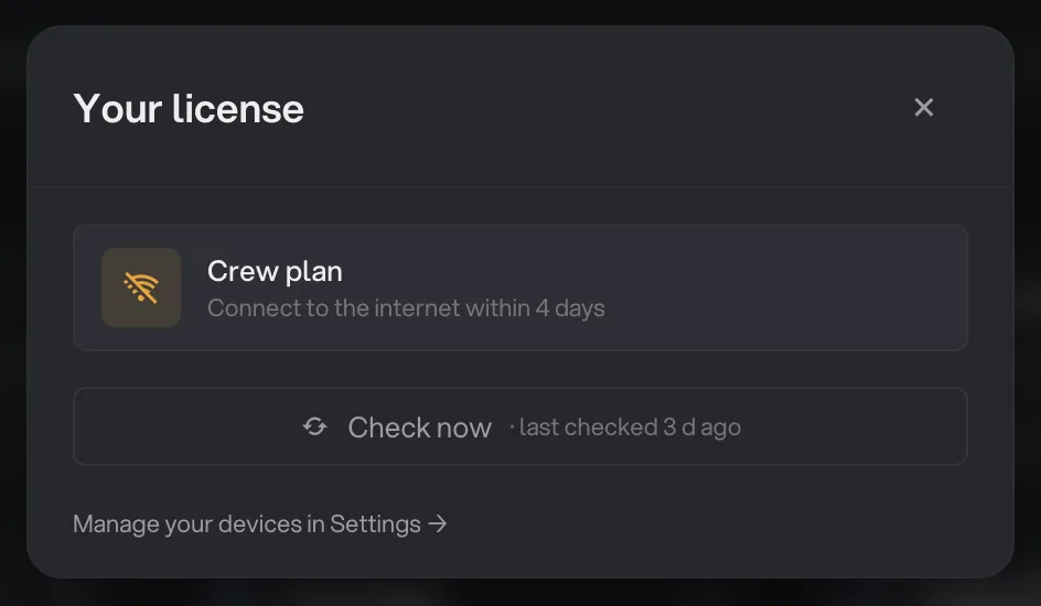 The Your license window while offline: Crew plan, Connect to the internet within 4 days, and a Check now button last checked 3 days ago