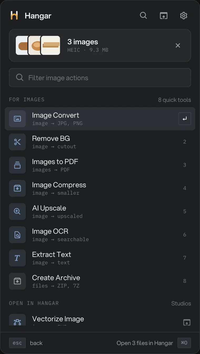 Three bakery photos in the menu bar window, with Image Convert and seven other image tools listed below, then tools that open in Hangar