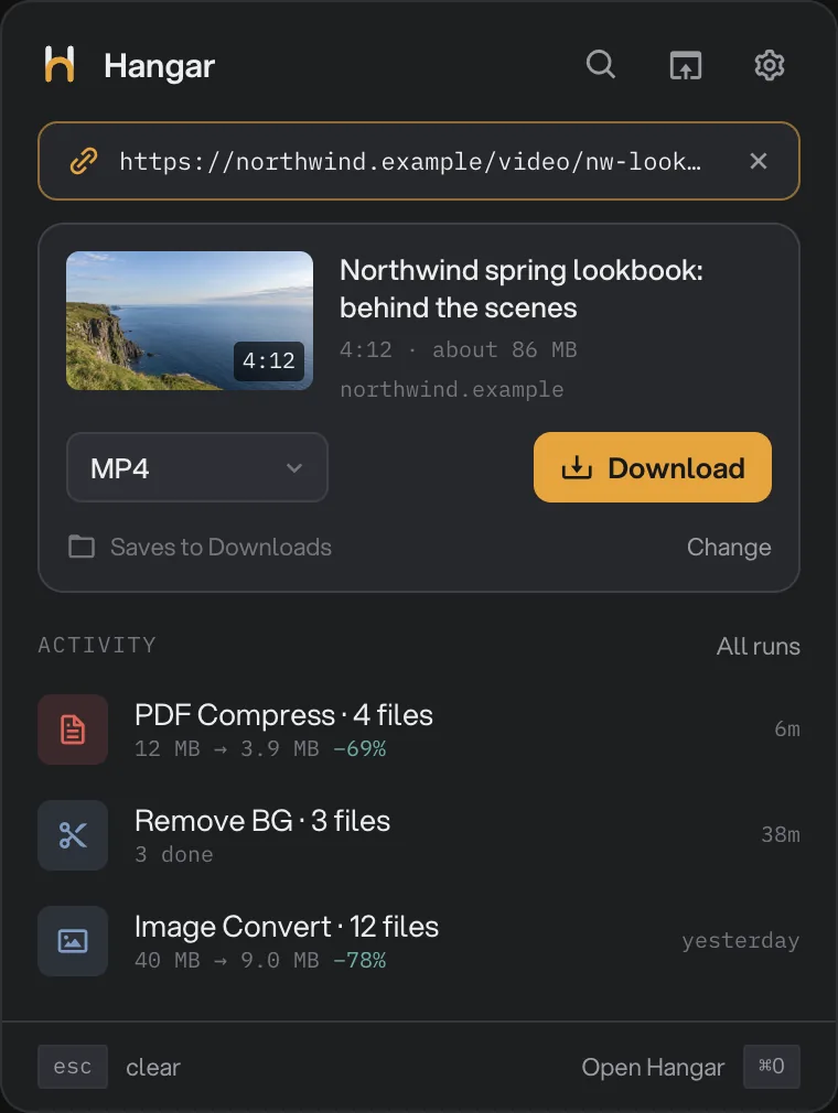 A pasted Northwind video link showing the video, its length and size, an MP4 format choice and a Download button