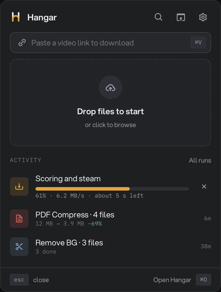 The Hangar menu bar window with a box to paste a video link, a drop zone reading Drop files to start, and an Activity list with a lesson downloading and two recent runs