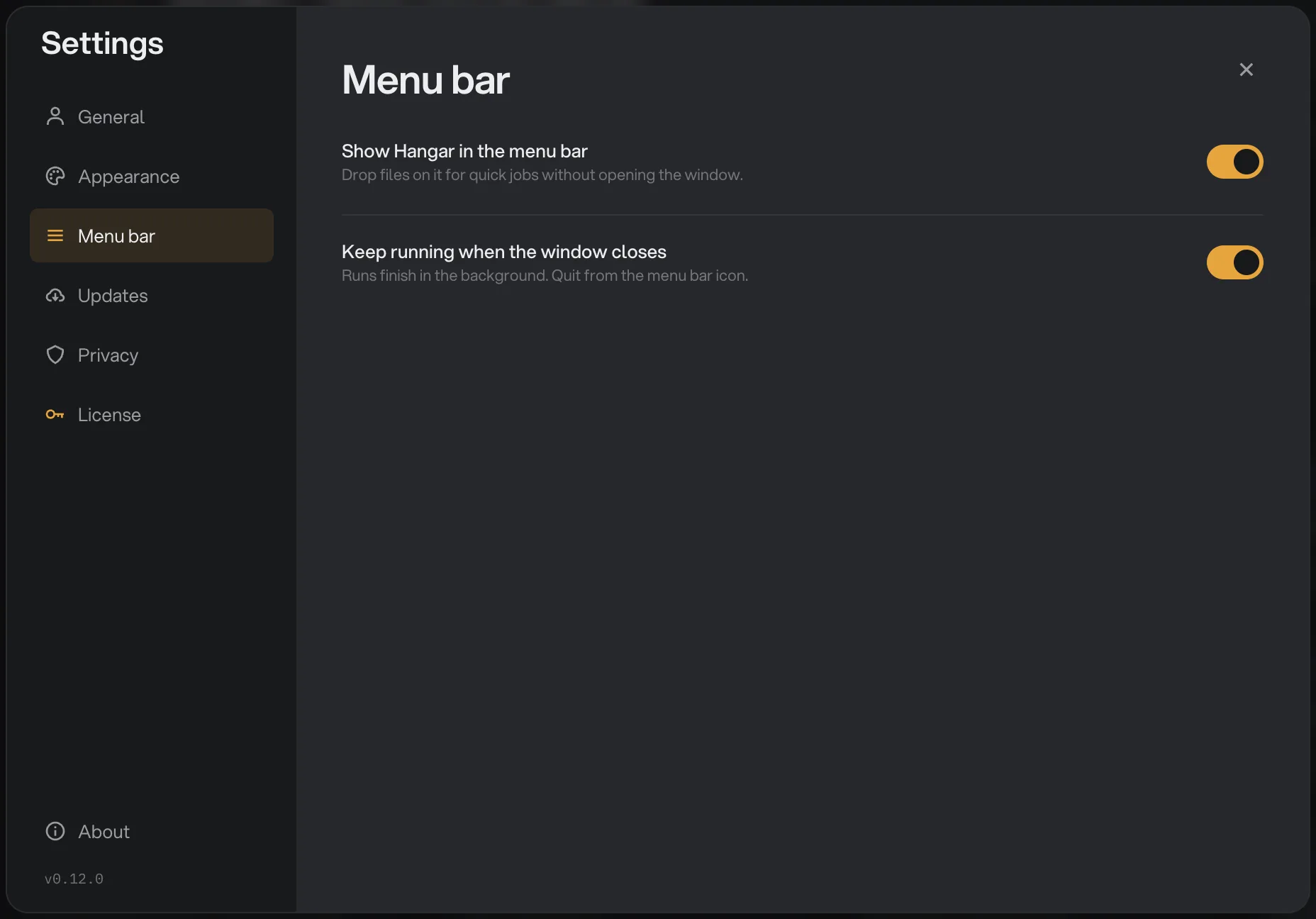 The Menu bar section of Hangar Settings with Show Hangar in the menu bar and Keep running when the window closes both turned on
