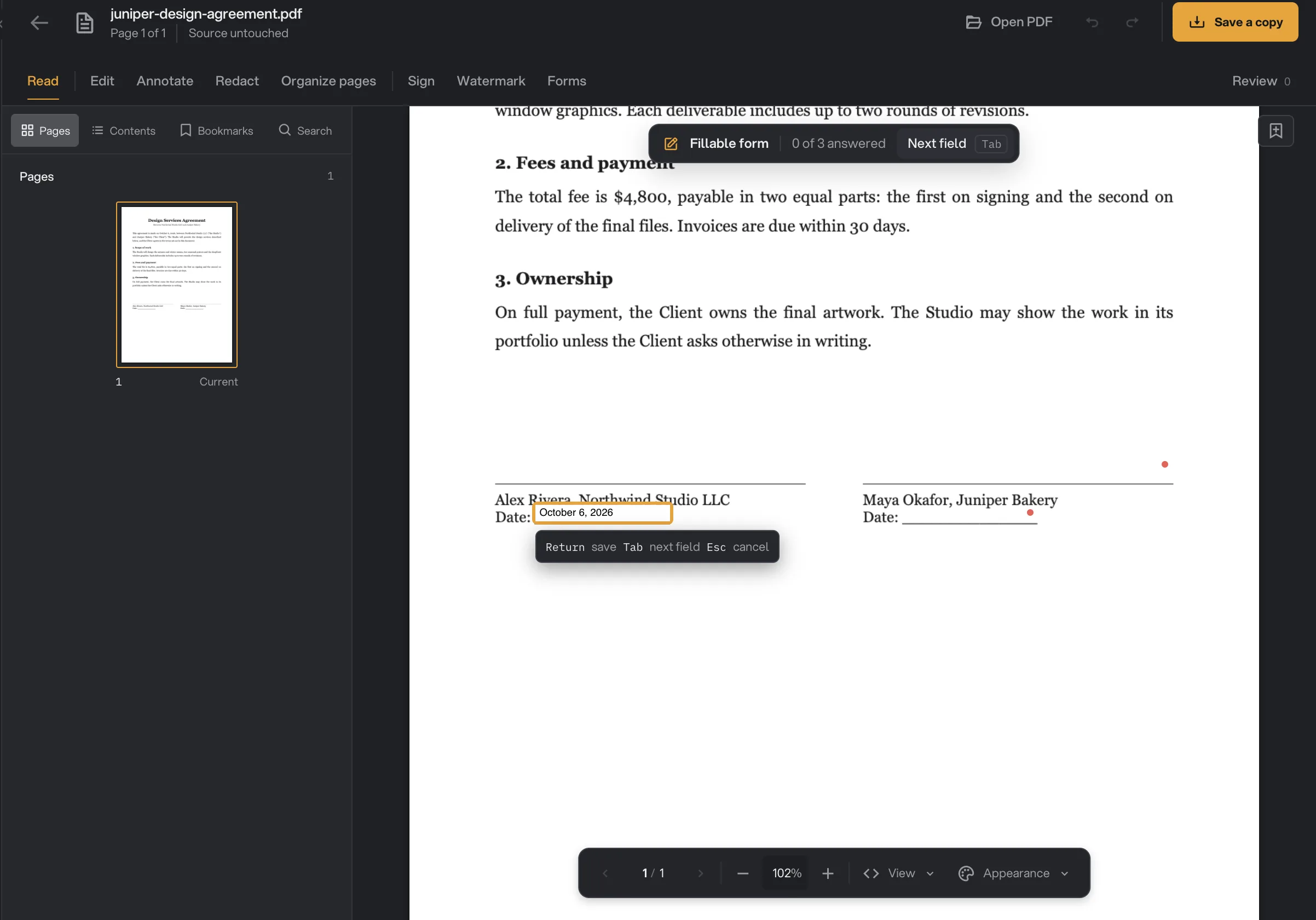 Read mode with the Fillable form bar showing 0 of 3 answered and the Studio date field being filled in with October 6, 2026