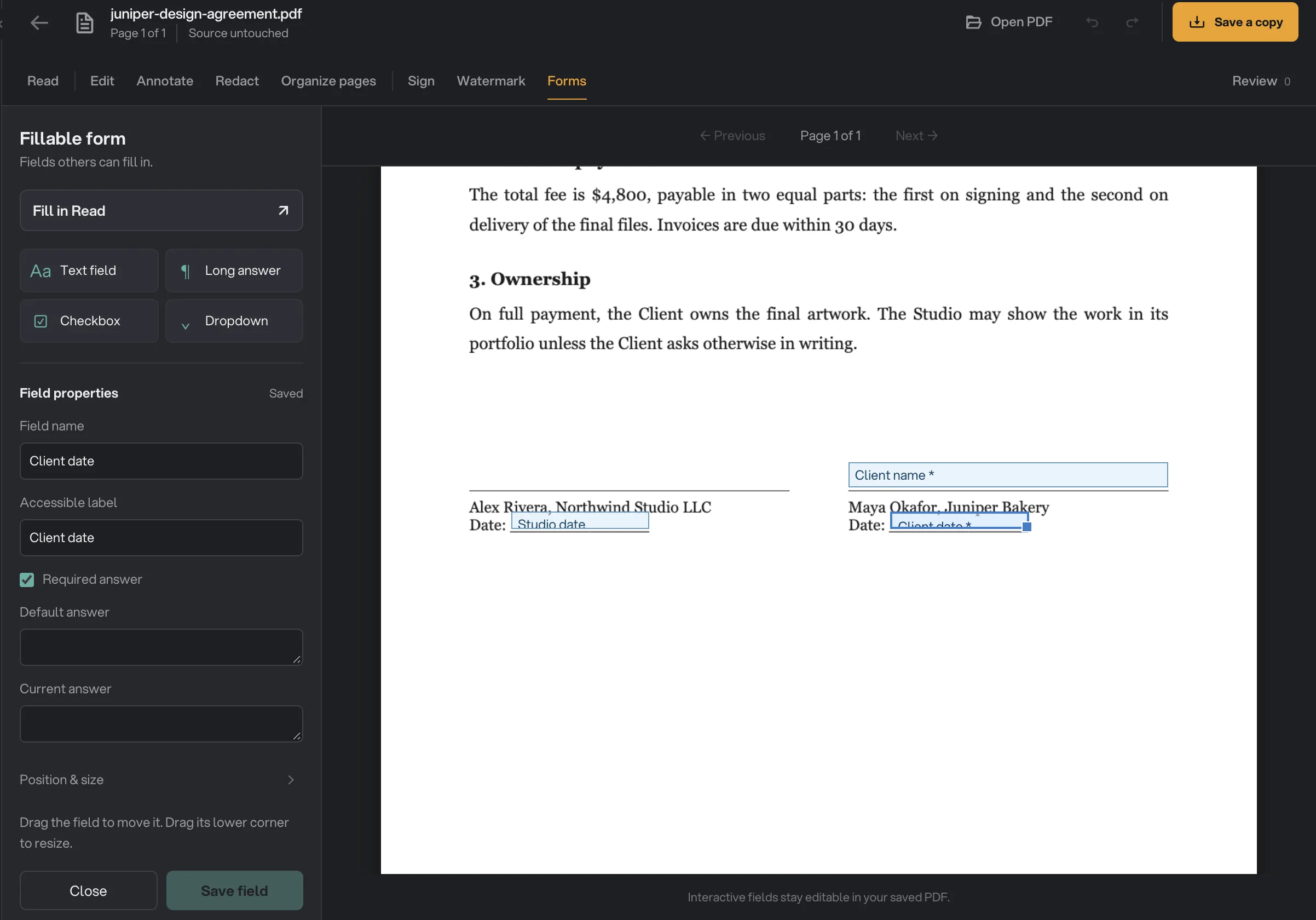 Forms mode with fields on the agreement's sign-off lines and the Client date field selected, marked Required answer