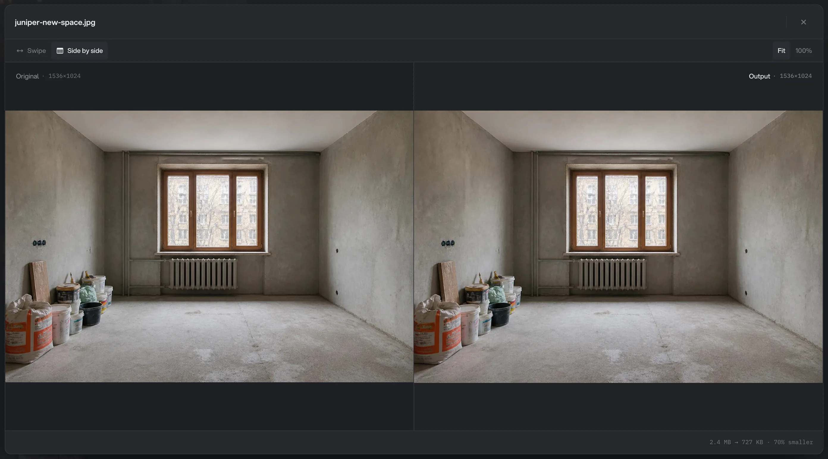 Side by side comparison of the same photo, original on the left and compressed output on the right, each labeled with its 1536 by 1024 dimensions