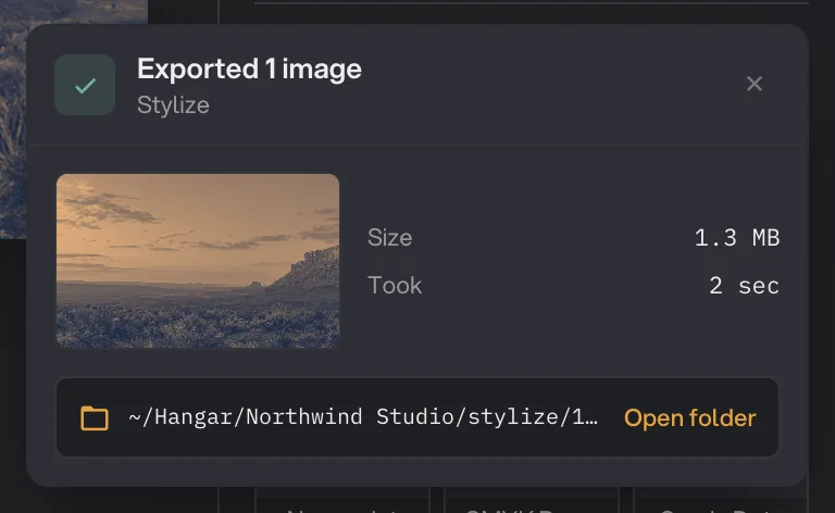 Export receipt reading Exported 1 image from Stylize, with a thumbnail, size 1.3 MB, took 2 sec, the saved-to path and an Open folder button