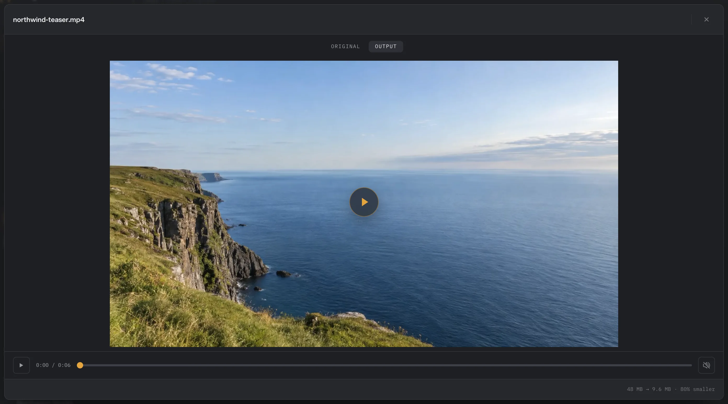 Preview of northwind-teaser.mp4 after Compress video with the Output tab selected, a play button on the frame, and the footer 48 MB to 9.6 MB, 80% smaller