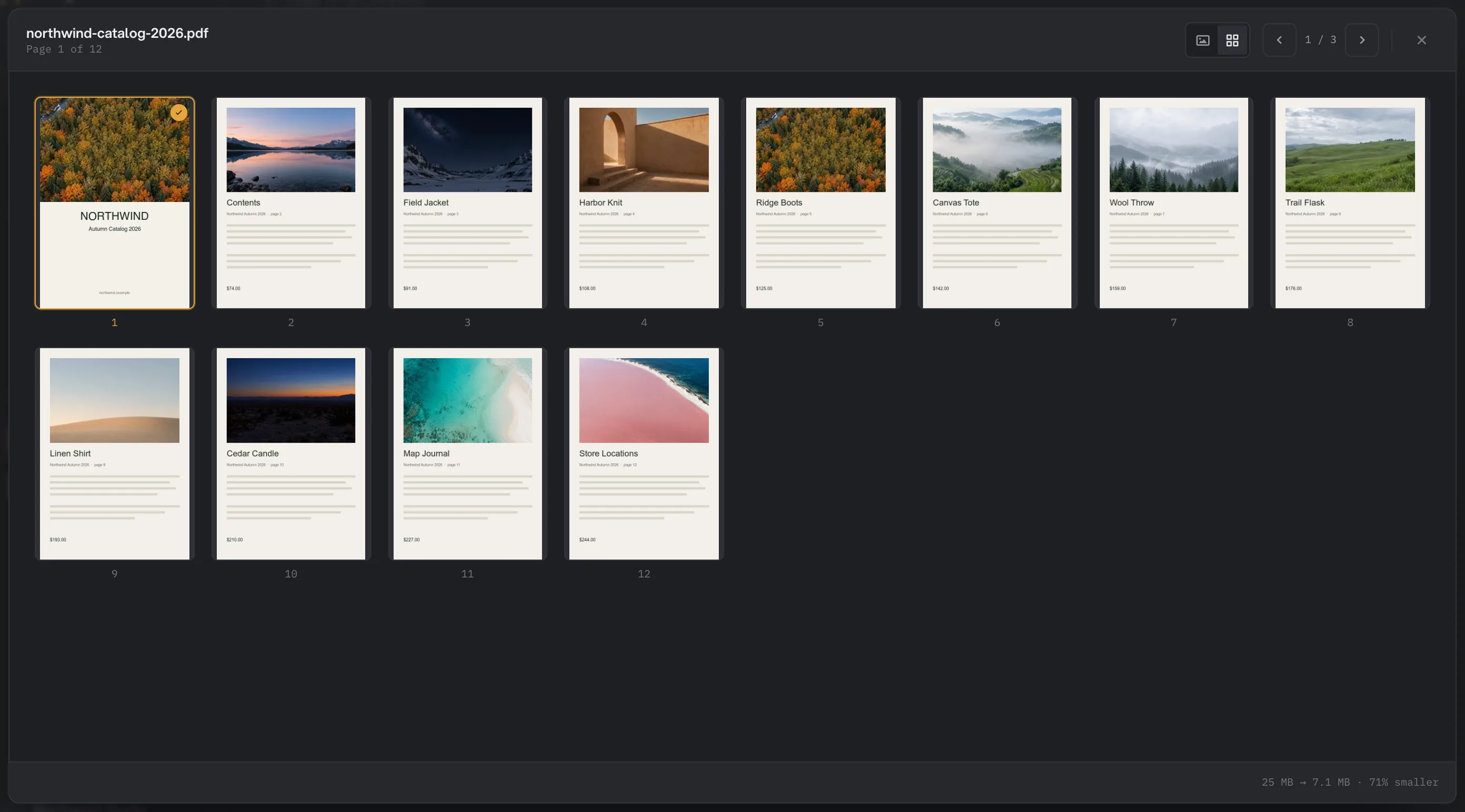 All pages view of northwind-catalog-2026.pdf after Compress PDF, showing 12 page thumbnails, file 1 of 3, and the footer 25 MB to 7.1 MB, 71% smaller