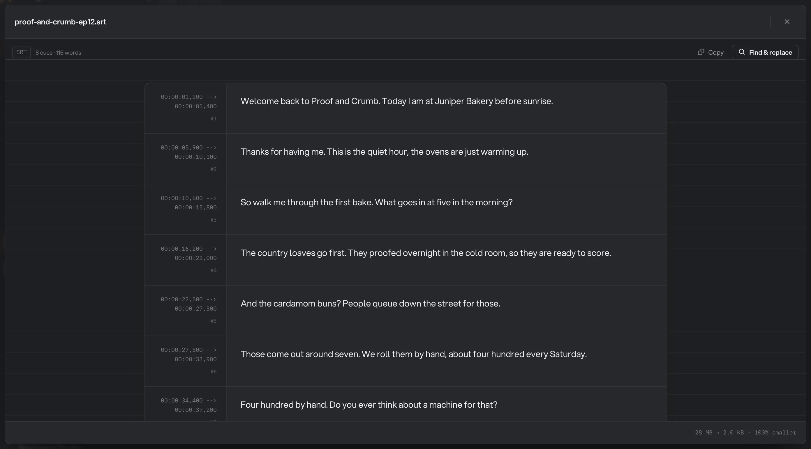 Transcript view of proof-and-crumb-ep12.srt showing 8 cues and 116 words with timestamps beside each line, plus Copy and Find & replace buttons