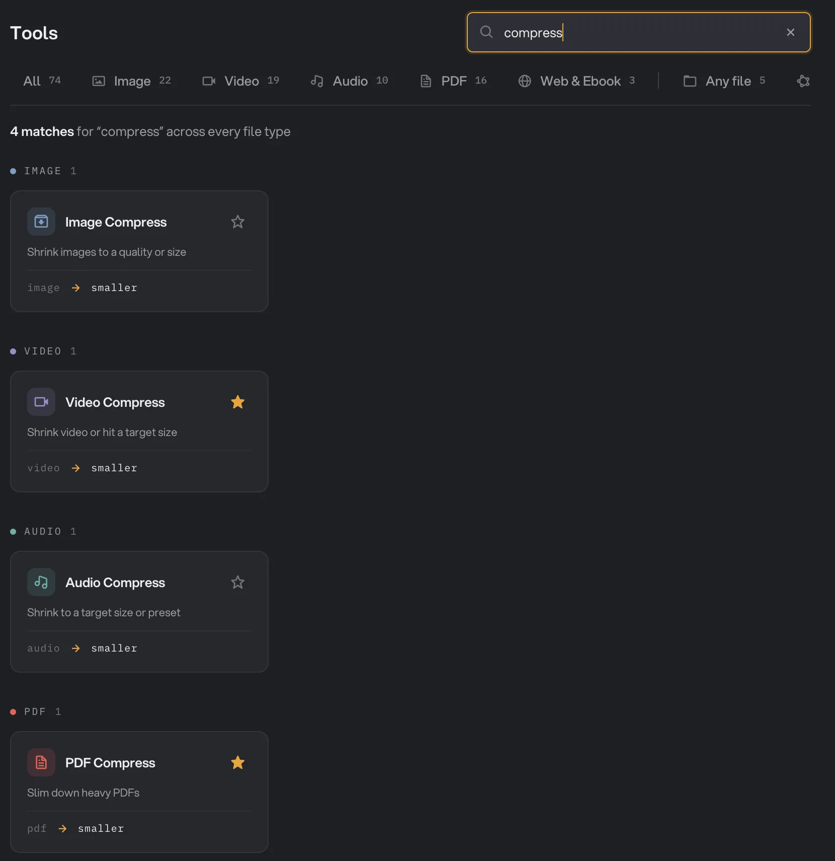 Hangar's Tools page with compress typed in the search box, showing four matches: Image, Video, Audio and PDF Compress
