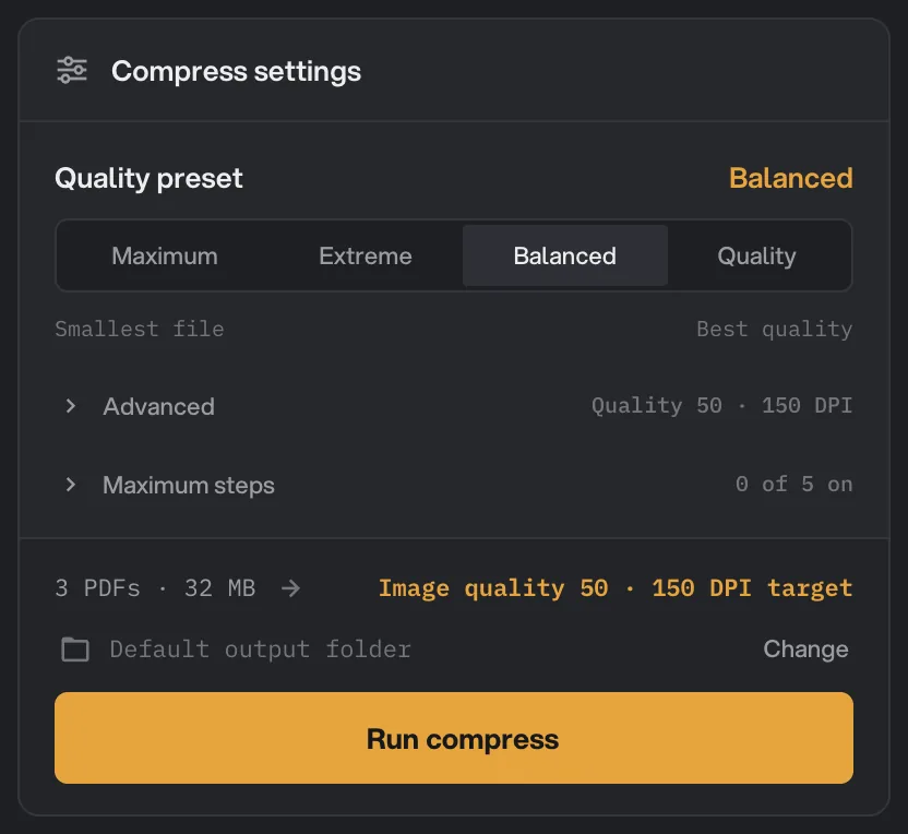 Compress settings for three PDFs with the Balanced quality preset selected and a forecast of 3 PDFs at 32 MB