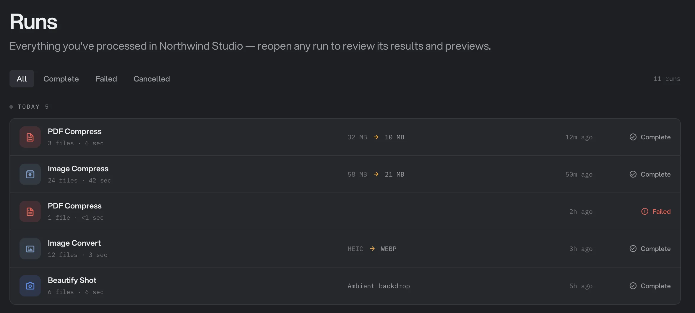 The Runs page filtered to All, showing five runs from today with their file counts, size changes and Complete or Failed status