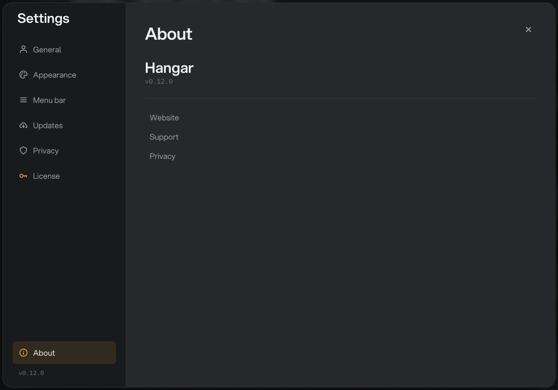 The About section of Hangar Settings showing Hangar v0.12.0 and the Website, Support and Privacy links