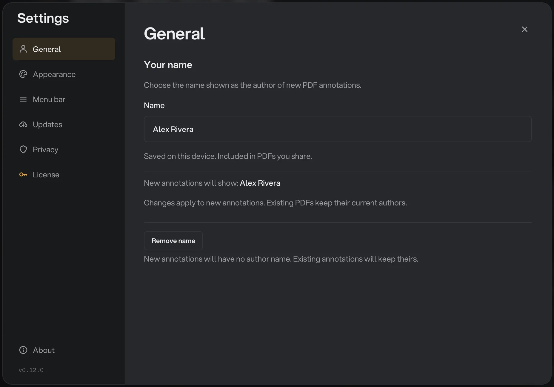 The Hangar Settings window open on General, with the seven sections listed on the left, the Name field filled with Alex Rivera, a Remove name button and the version v0.12.0 at the bottom of the column