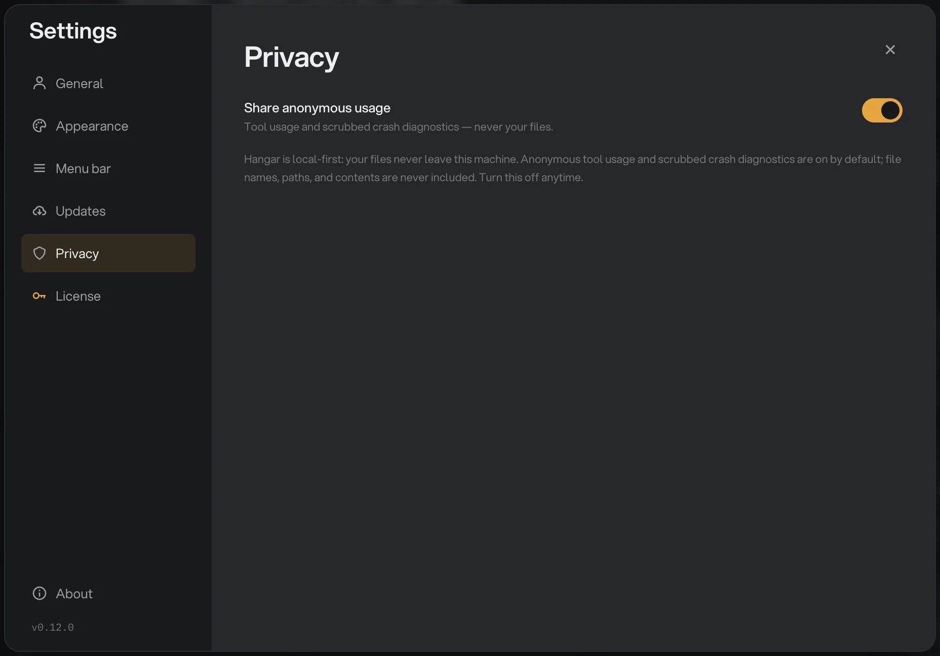 The Privacy section of Hangar Settings with the Share anonymous usage switch turned on and a note that file names, paths and contents are never included