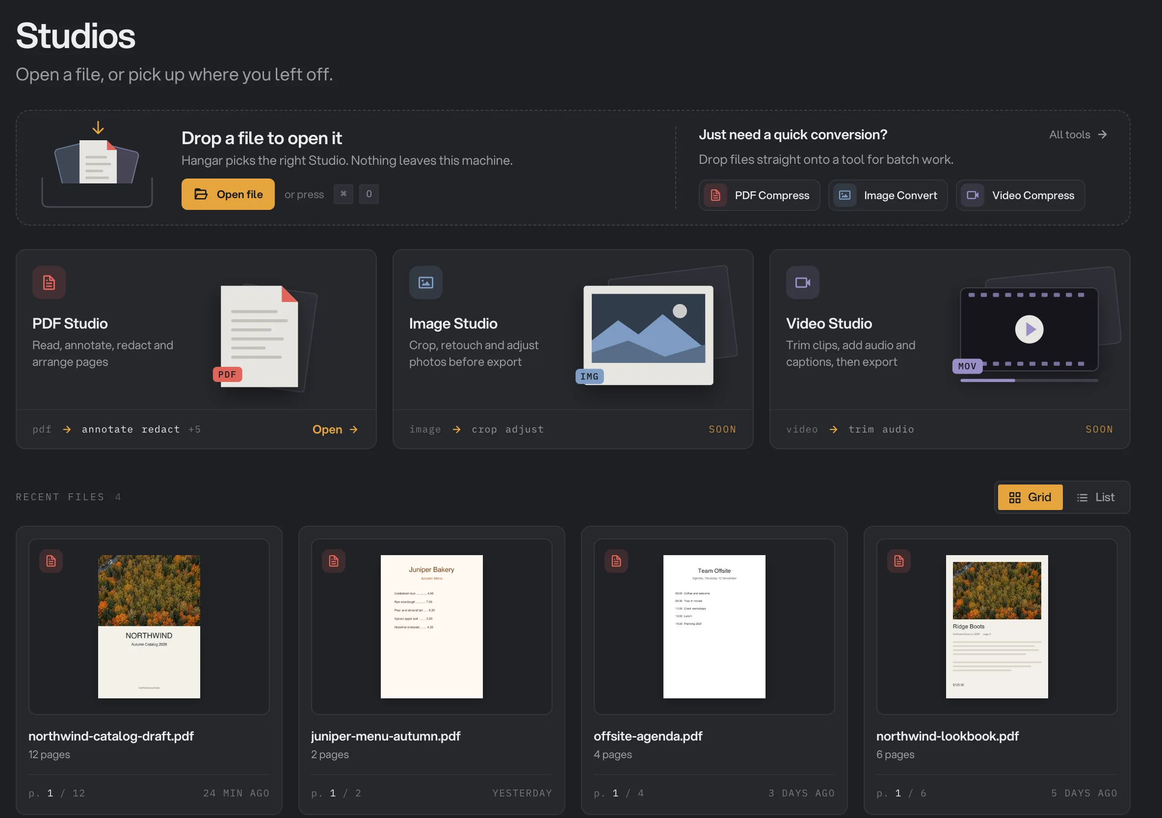 Hangar's Studios home with the Open file drop zone, the PDF Studio tile and four recent PDFs