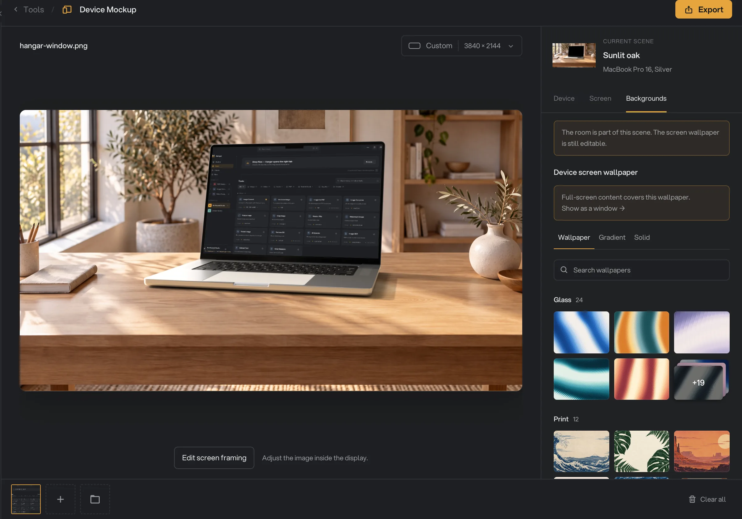 Device mockup Studio showing hangar-window.png on a MacBook Pro 16 in the Sunlit oak scene, with the Backgrounds tab and the Export button