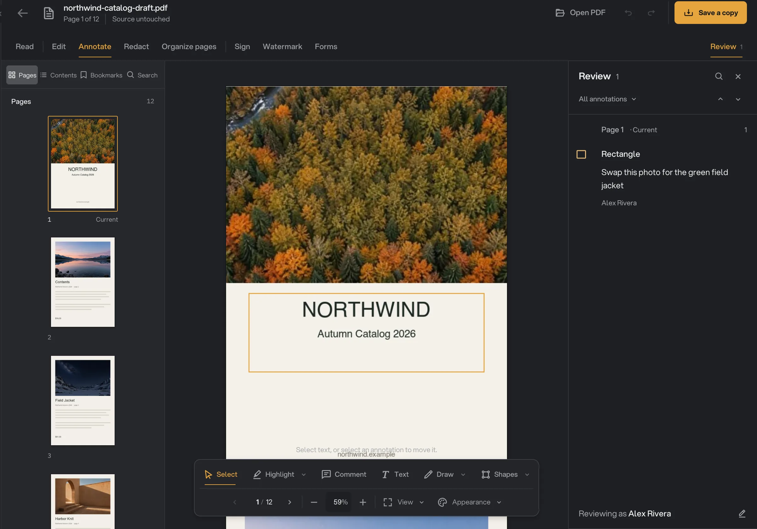 PDF Studio in Annotate mode showing page 1 of northwind-catalog-draft.pdf with a rectangle note, the Pages sidebar, the Review panel and the Save a copy button