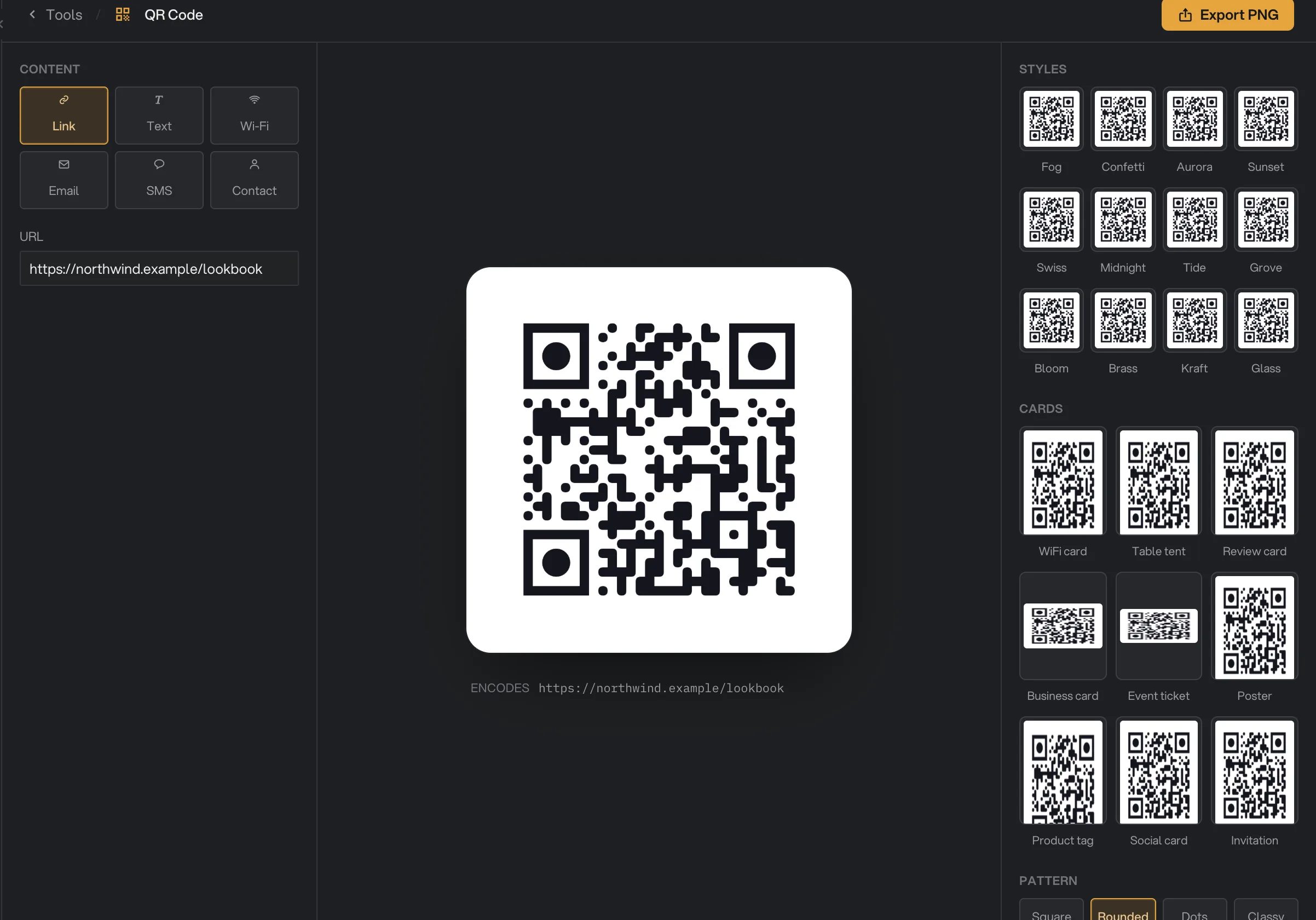 QR code Studio with a rounded black code encoding northwind.example/lookbook, styles and printable cards, and the Export PNG button