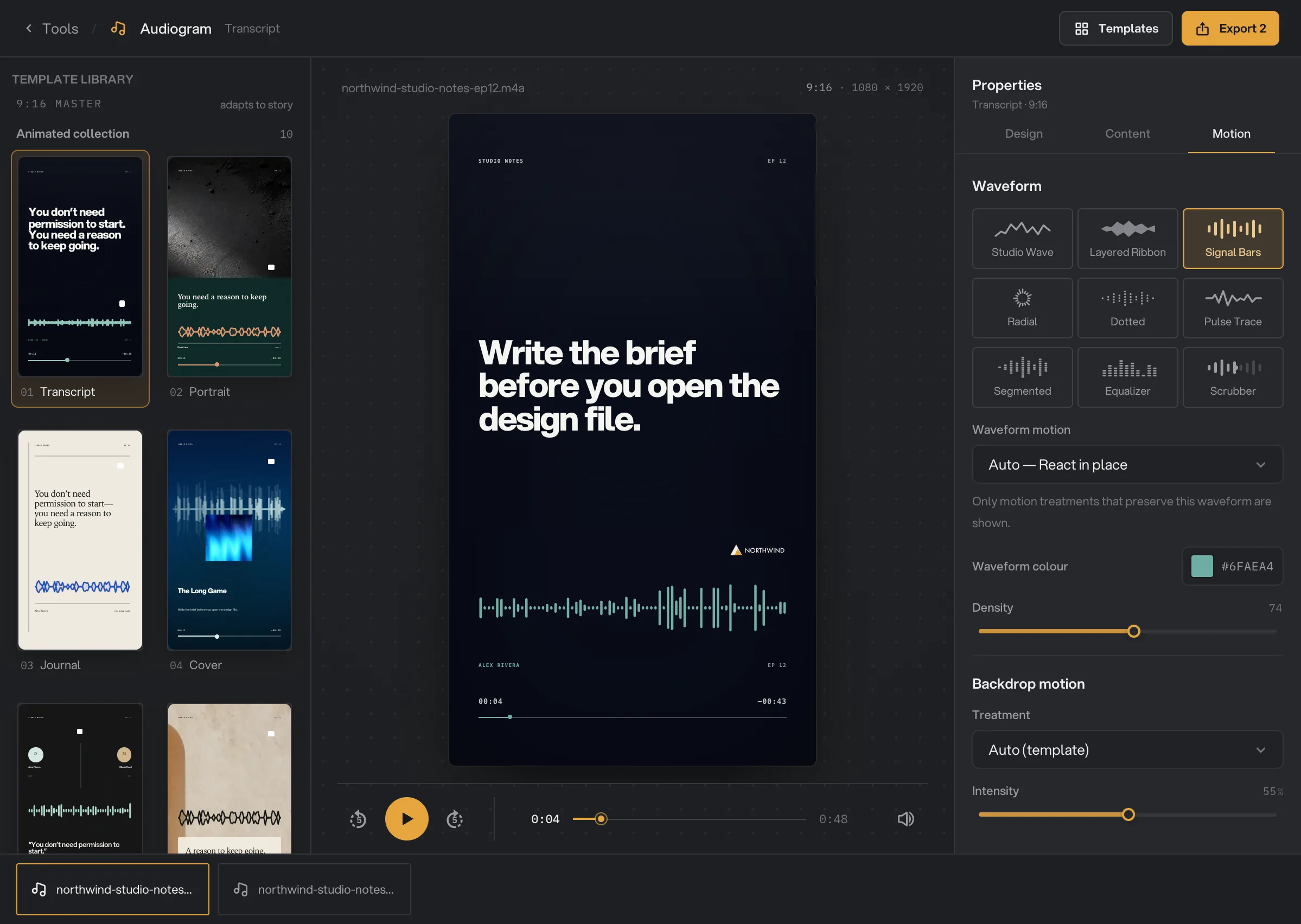 The Motion tab: waveform style and backdrop motion