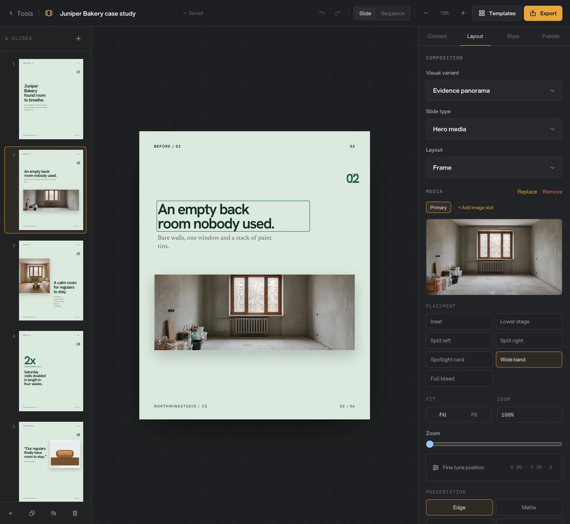 The Layout tab for a slide with a photo in a wide band