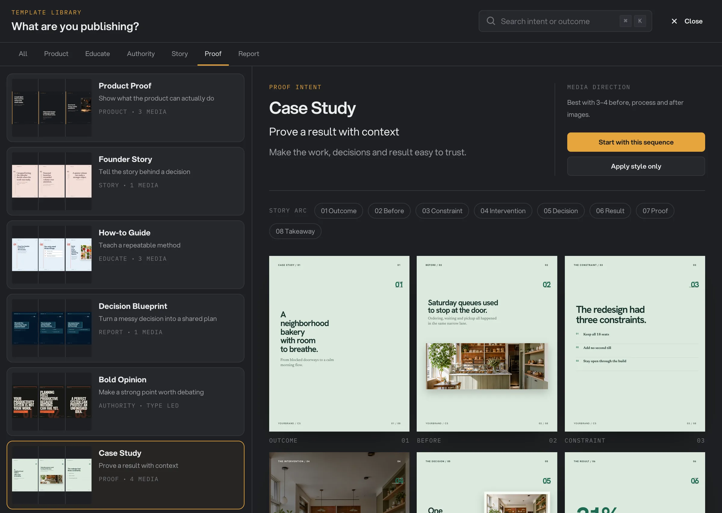 The template library with the Case Study template selected