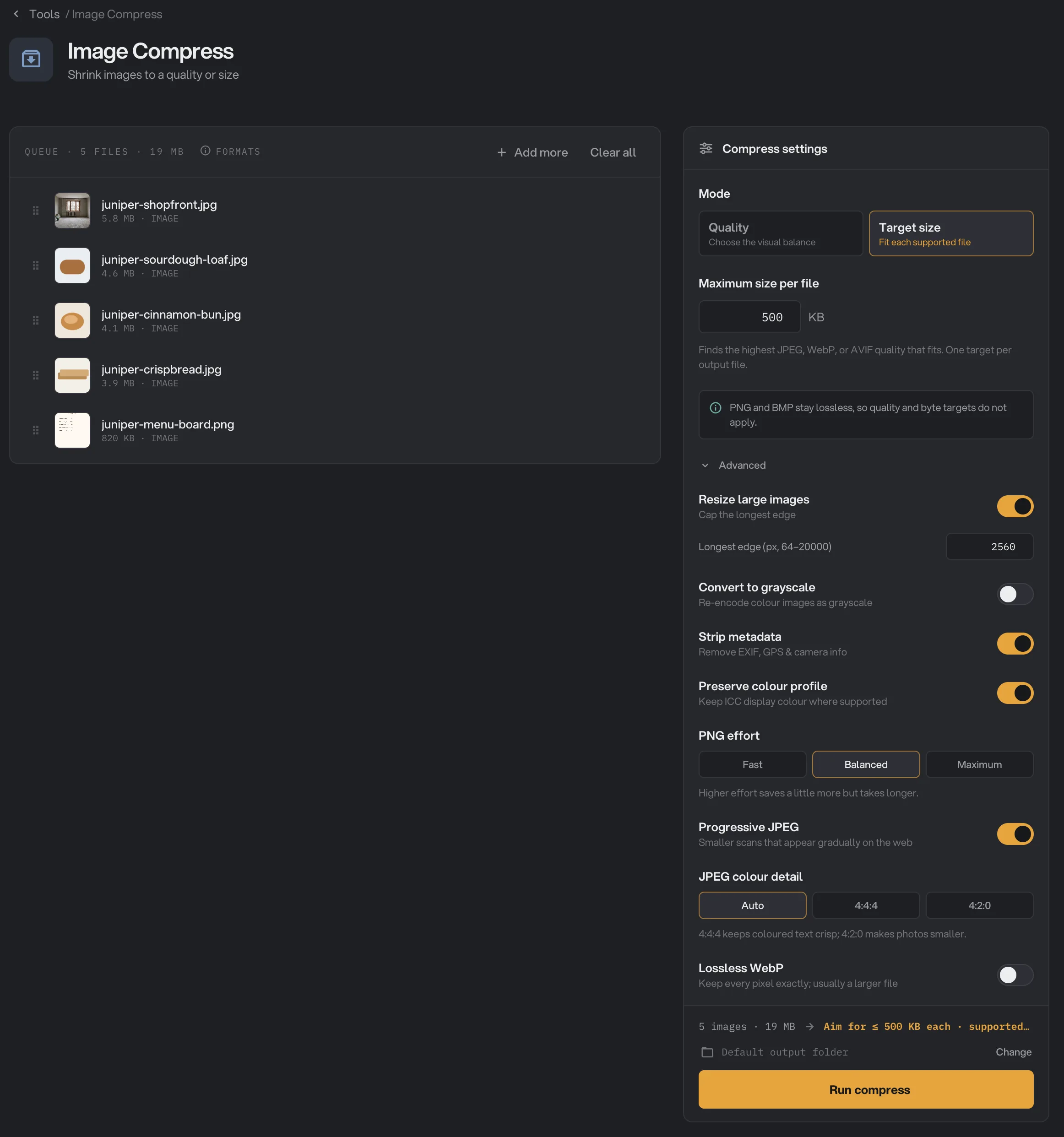 Target size mode set to 500 KB per file, with the Advanced section open