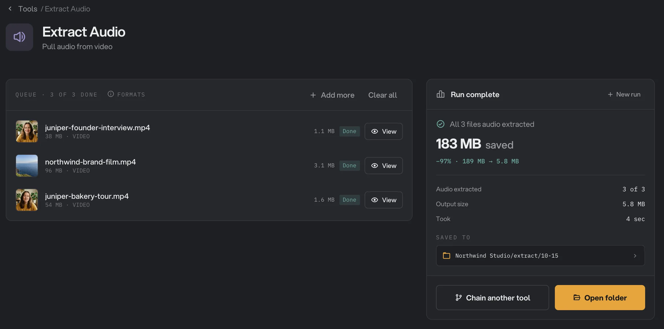Run complete: the audio of all 3 videos saved as MP3