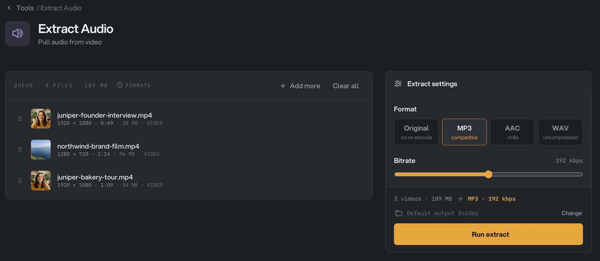 Extract Audio with three videos queued and MP3 at 192 kbps picked