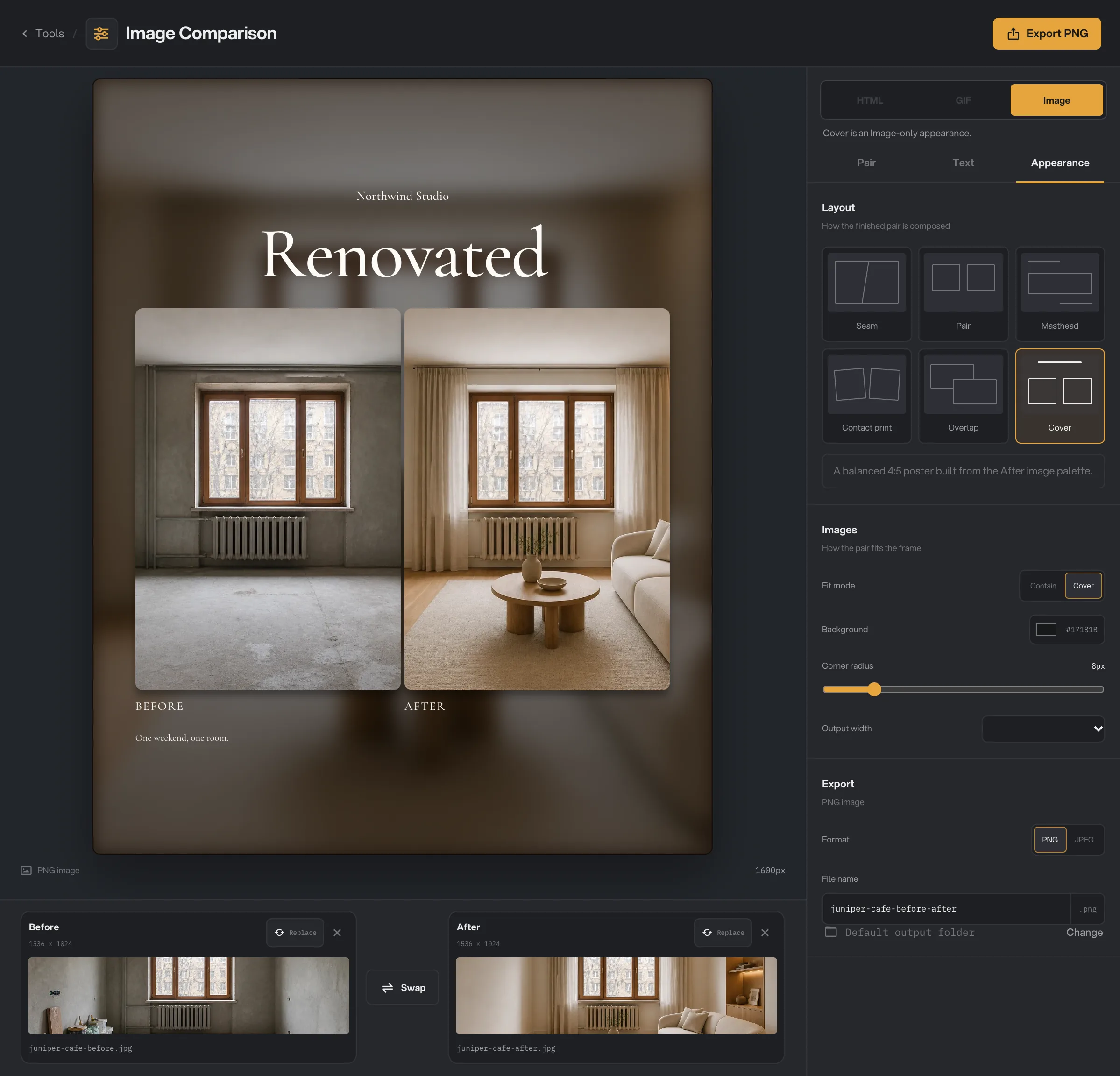 A still image with the Cover layout, its Images settings, and the Export section