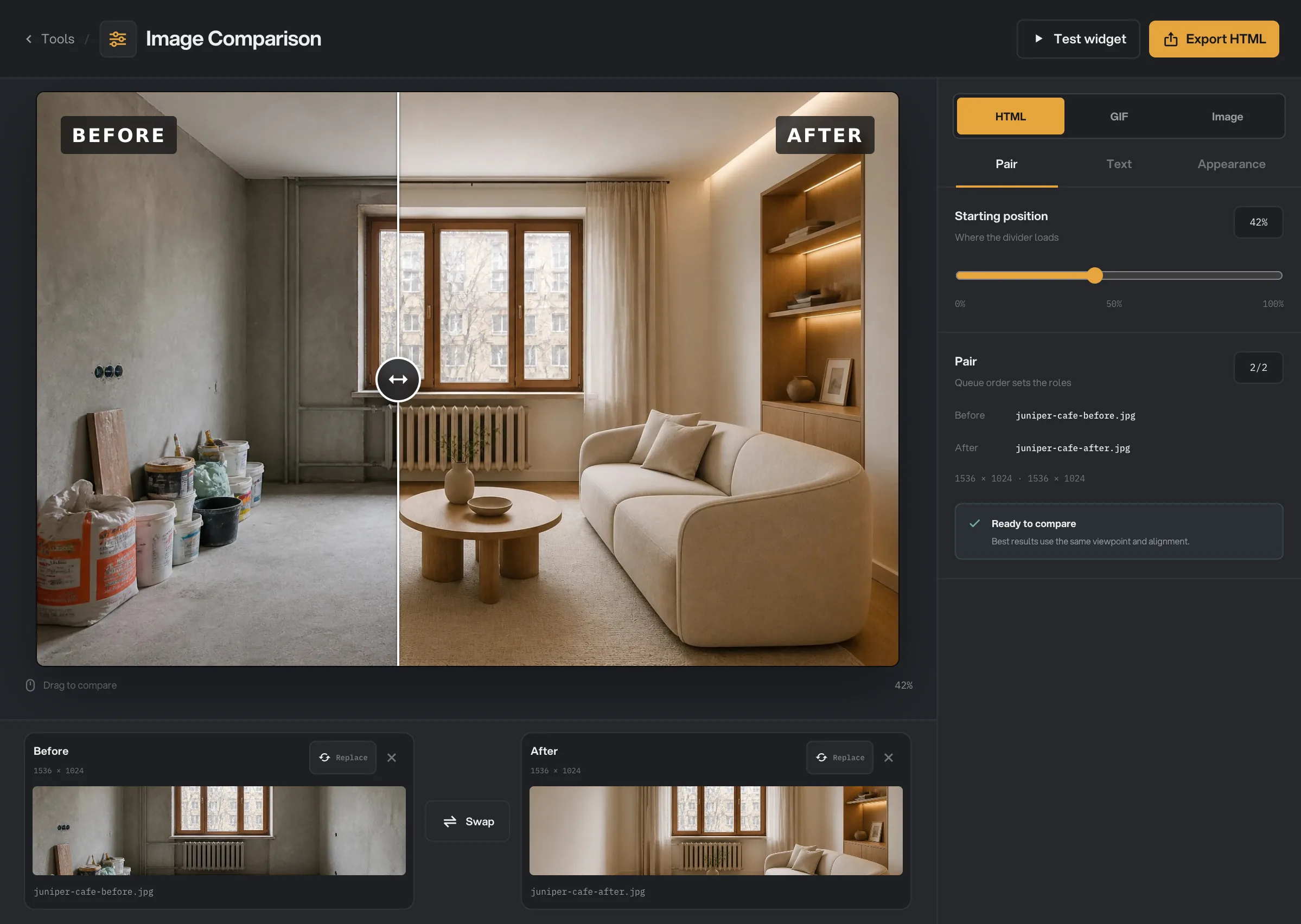 The Image Comparison Studio with the room before and after, the Seam slider at 42%, and the Pair tab