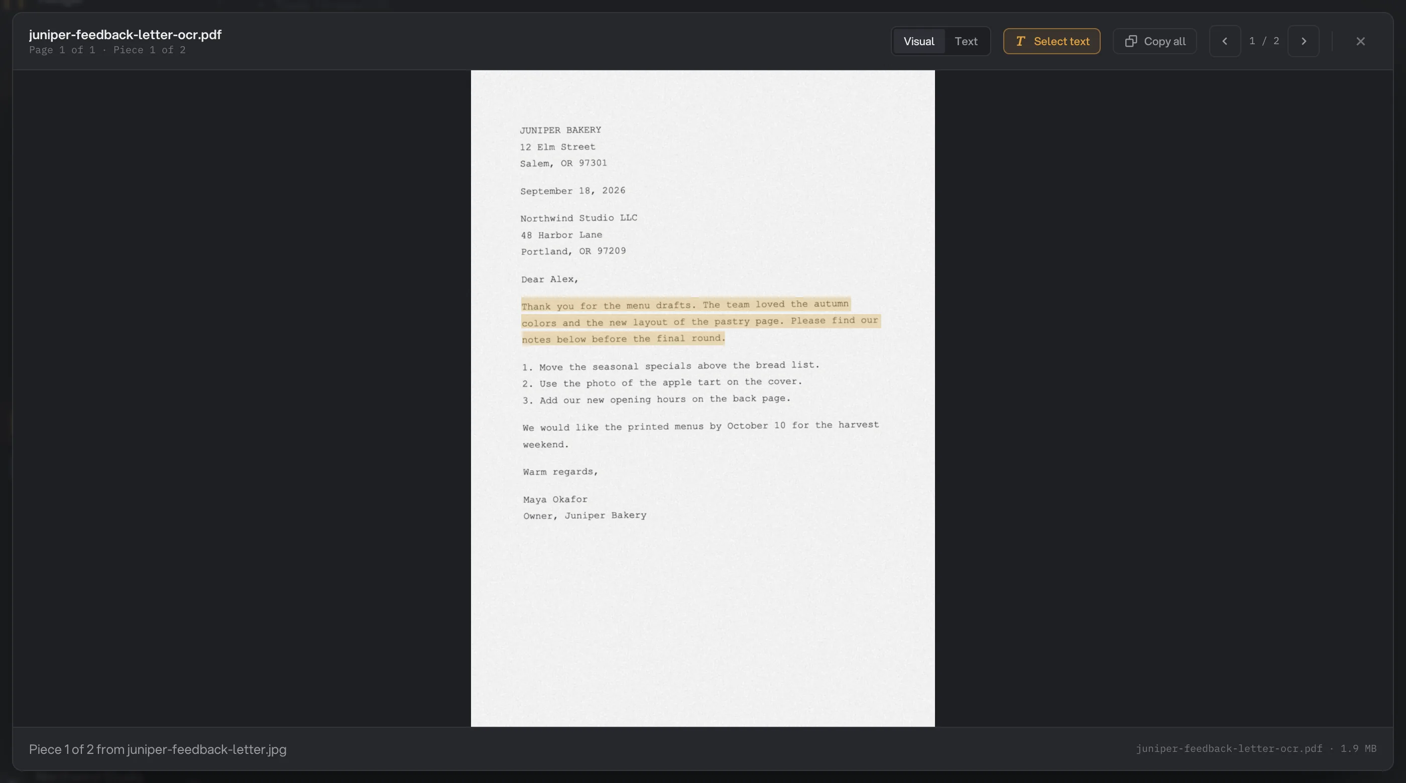 The searchable PDF in the results window with a paragraph selected
