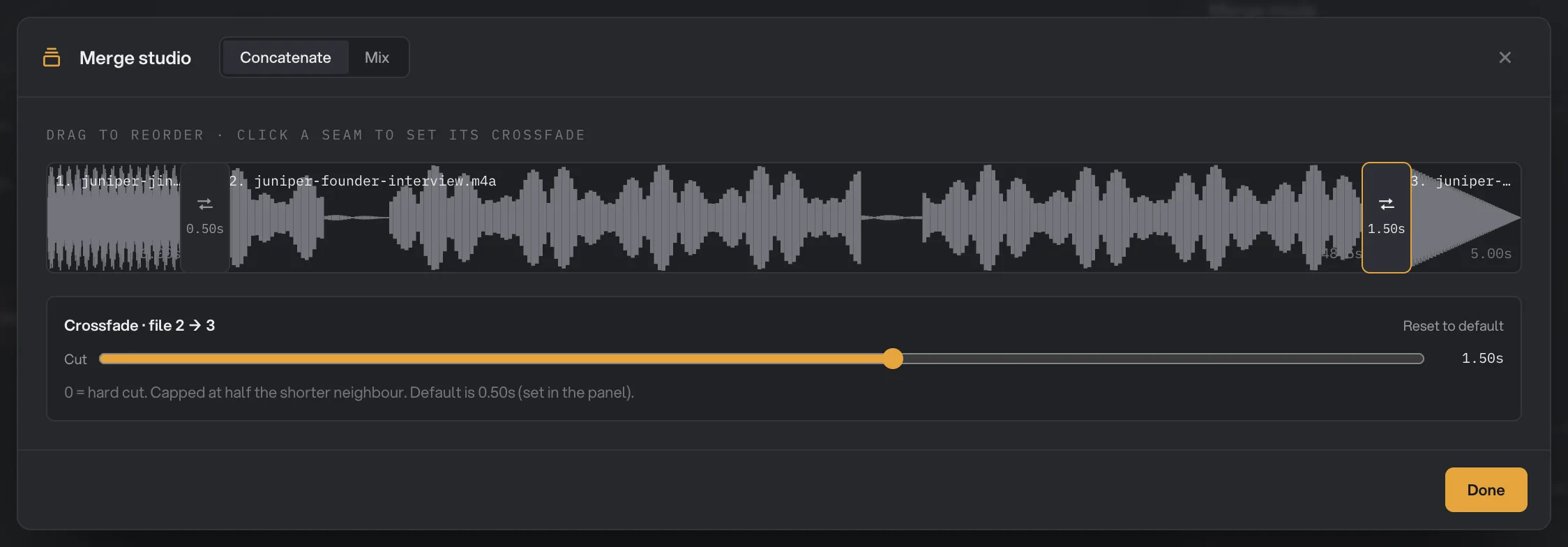 The Merge studio with the three files in order and the second seam set to a 1.5 second crossfade