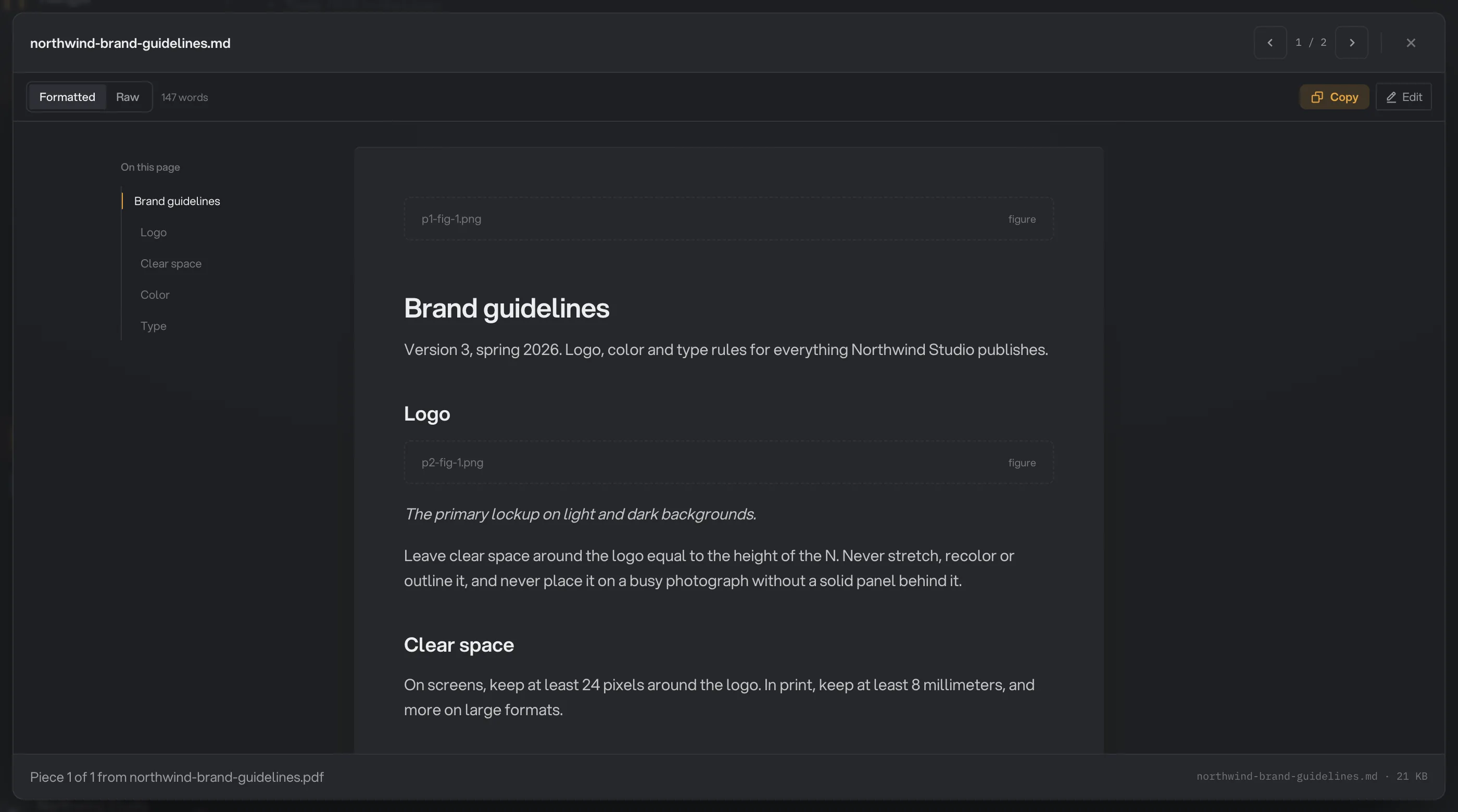 The finished Markdown shown formatted, with its outline and the Copy and Edit buttons