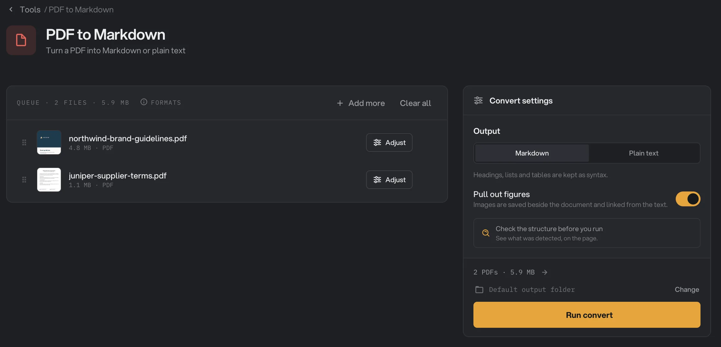 PDF to Markdown with the Output and Pull out figures settings and the Studio button