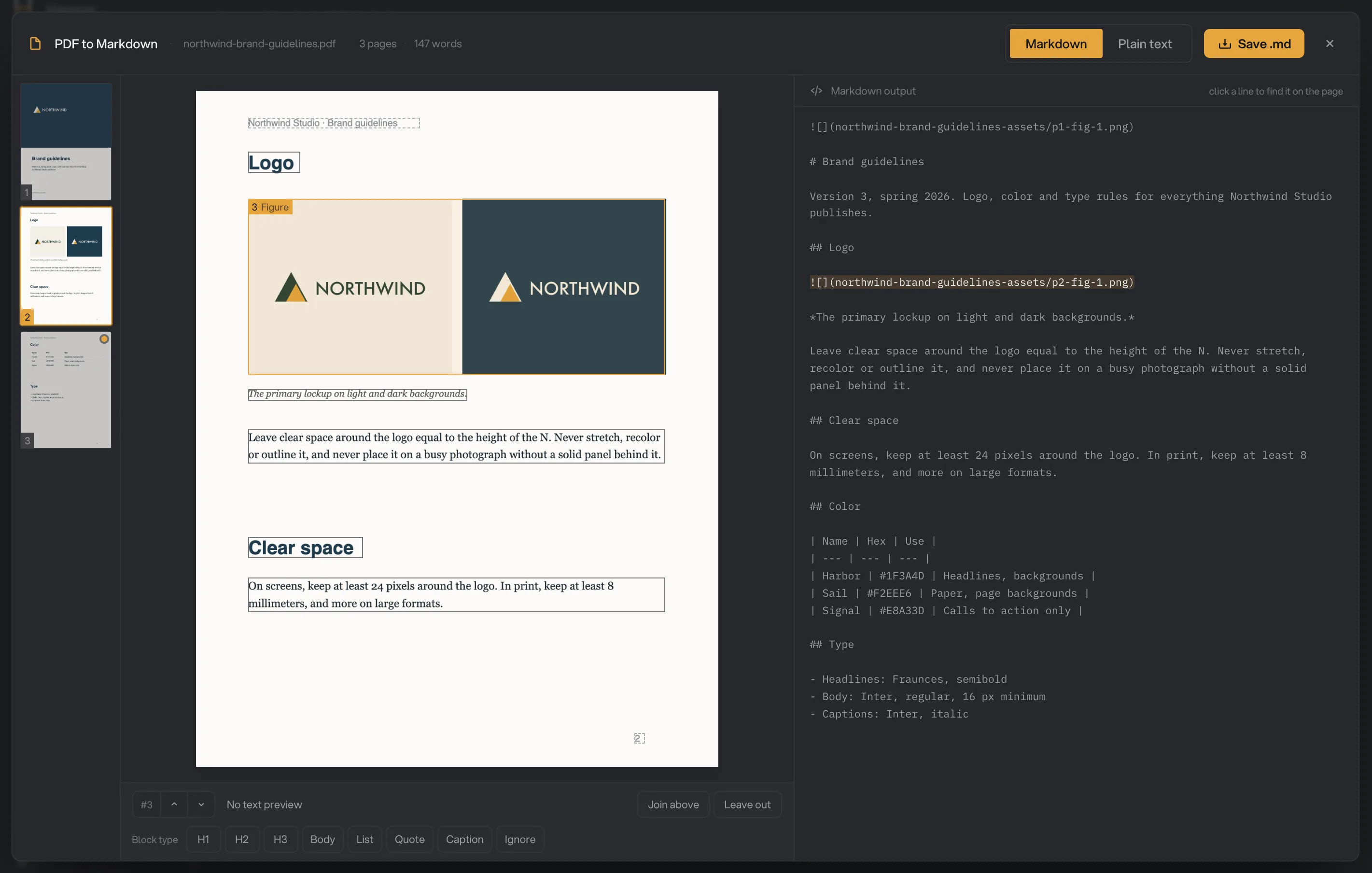 The PDF to Markdown Studio: a page marked for review, a detected block, and the Markdown output beside it