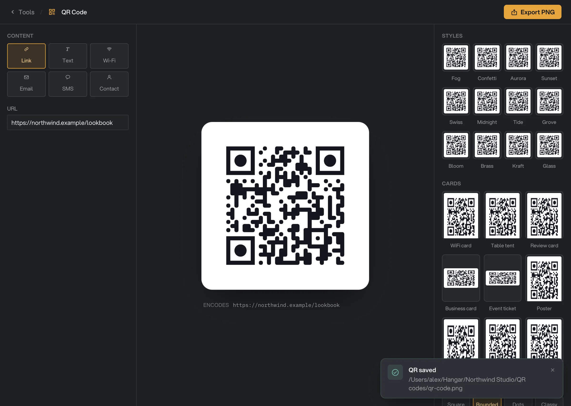 The QR code is saved as a PNG